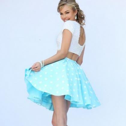 Blue White Pearls 2 Pieces Short Prom Dresses..