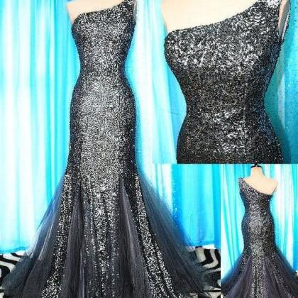 Black Sequin Tulle Long Prom Dresses Party..