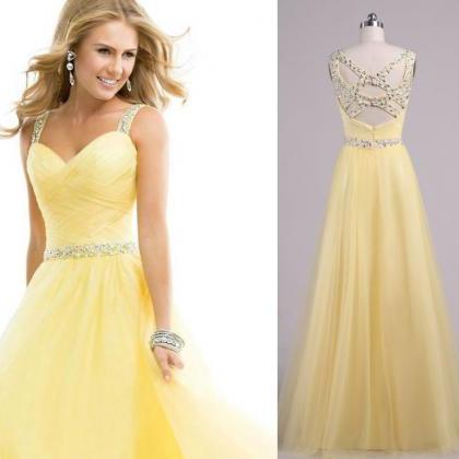 Yellow Beaded Tulle Backless Long Prom Dresses..
