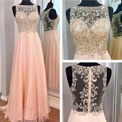 Pink Beaded Chiffon Long Prom Dresses Party..