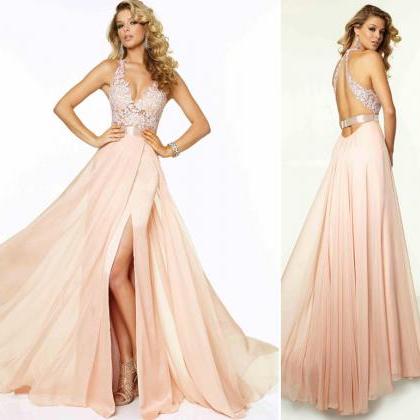 Pink Lace Chiffon Long Prom Dresses Full Length..