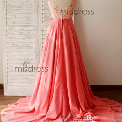Classic Chiffon Dress with Deep V Neck Coral Plus Size
