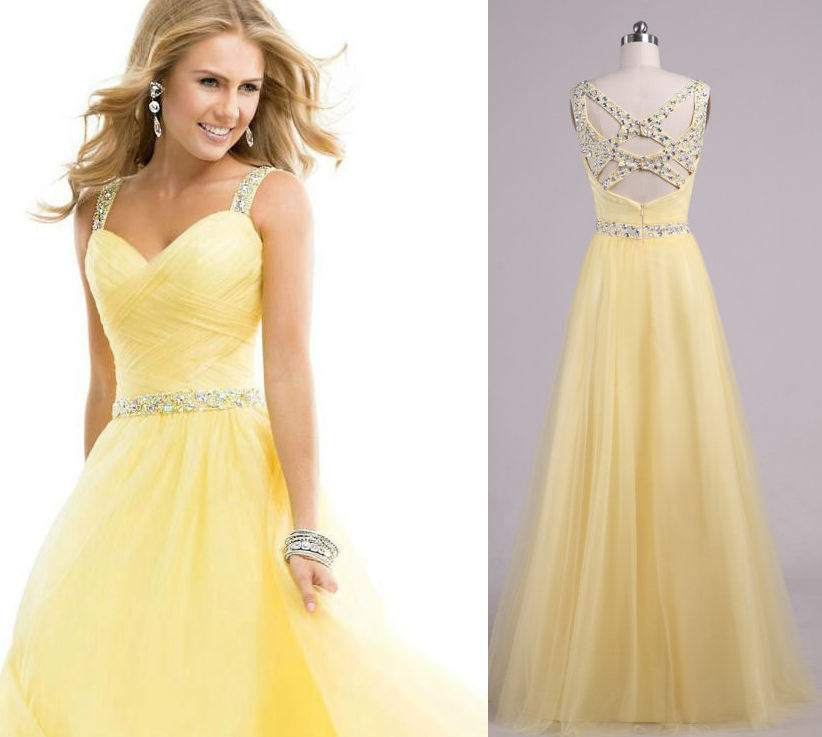 Yellow Beaded Tulle Backless Long Prom Dresses Party Bridesmaid Dresses Women Dresses