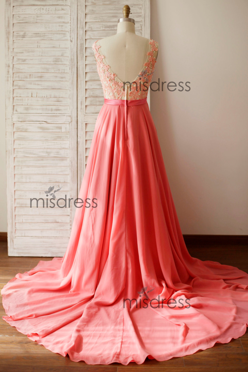 V-neck Simple Chiffon Full Length Dresses Coral Plus Size