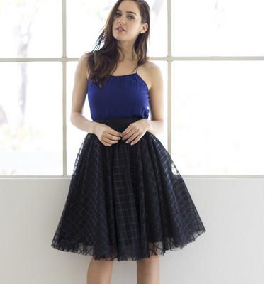 metallic lattice bodice and a tulle skirt